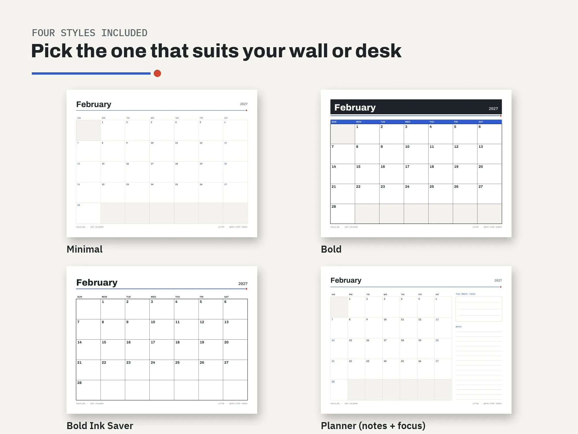 2027 Printable Calendar: styles